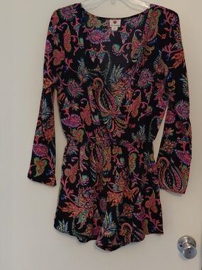NWOT One clothing, Black Romper with Pink, Teal and Blue Paisley Print. Size M